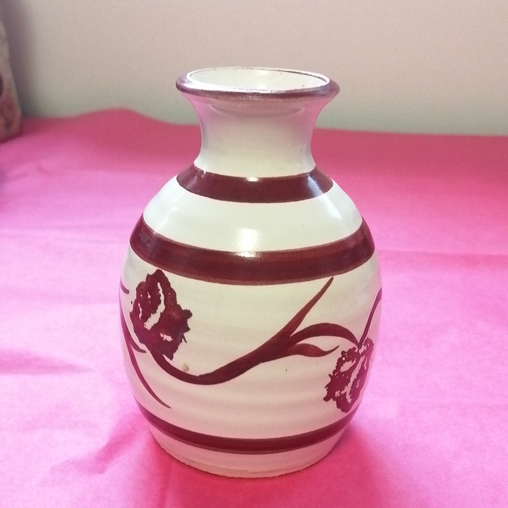 Handmade bud vase, handpainted, cream/wine floral, vintage '97, 5"H